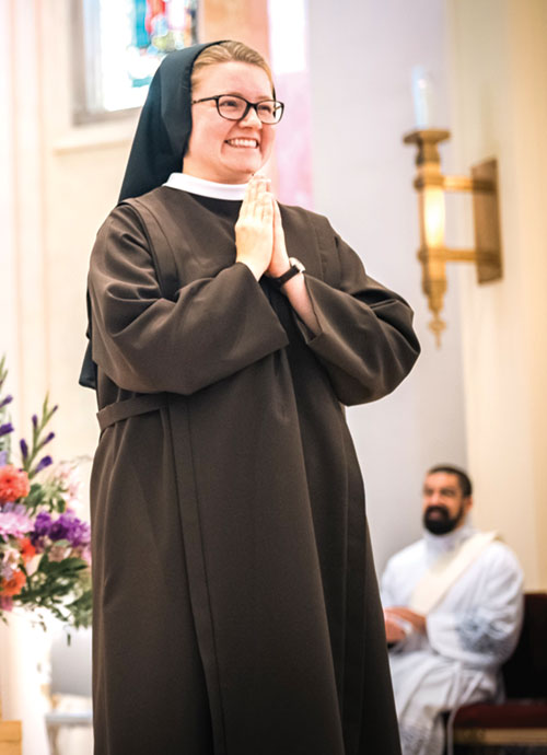 Sister Mary Amata Naville radiates joy after professing final vows as a member of the Sisters of St. Francis of Perpetual Adoration on Aug. 2 in the chapel at the order’s motherhouse in Mishawaka, Ind., in the Fort Wayne-South Bend Diocese. (Photo courtesy of Sisters of St. Francis of Perpetual Adoration)