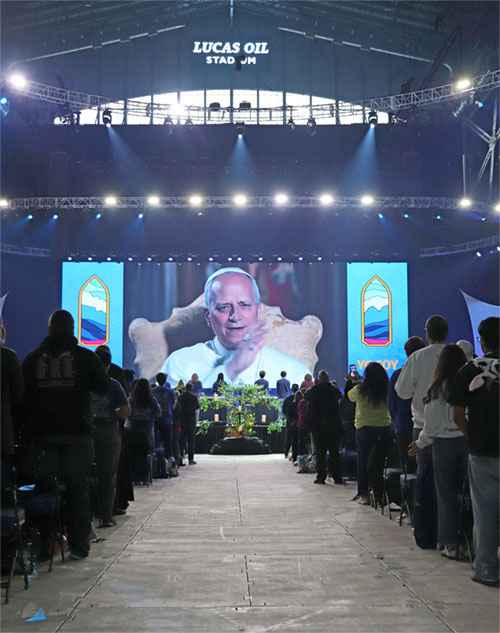 Pope Leo XIV addresses the National Catholic Youth Conference in Indianapolis on November 21. (Photo by Sean Gallagher)