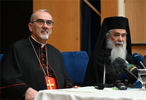 Cardinal Pierbattista Pizzaballa, the Latin patriarch of Jerusalem, and Greek Orthodox Patriarch Theophilos III of Jerusalem hold a joint press conference about their visit to Gaza at the Notre Dame Center in Jerusalem July 22, 2025. (OSV News photo/Debbie Hill)