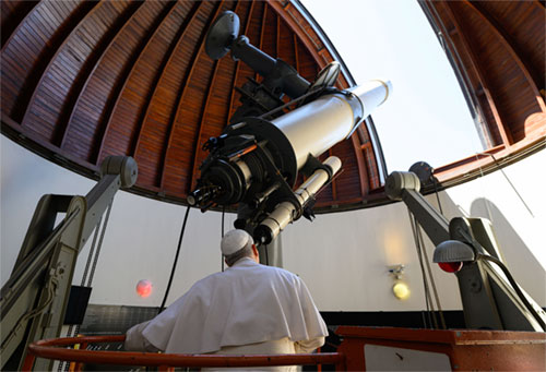 Pope Leo XIV visits the Vatican Observatory in Castel Gandolfo, Italy, July 20, 2025, to mark the anniversary of the first crewed mission to land on the moon in 1969. He looked through its main telescope and viewed its other instruments after praying the Angelus in the city's main square, the Vatican press office said. (CNS photo/Vatican Media)