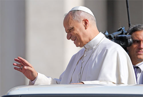 Pope Leo XIV greets visitors and pilgrims from the popemobile as he rides around St. Peter's Square at the Vatican before his weekly general audience Sept. 3, 2025. (CNS photo/Lola Gomez)