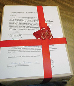 The records of the investigation of a possible miracle attributed to the intercession of Blessed Mother Theodore Guérin, packaged precisely according to the norms established by the Holy See’s Congregation for the Causes of Saints, sits on a table in May 2003 in the archdiocesan Metropolitan Tribunal at the Archbishop O’Meara Catholic Center in Indianapolis.