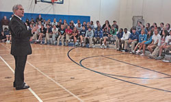 Jim Schellinger, president of the board of trustees of the archdiocese’s Catholic Community Foundation, speaks about stewardship to members of the senior class at Bishop Chatard High School in the Indianapolis North Deanery on April 30. (Photo by Sean Gallagher)