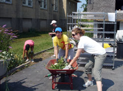 Veronica Fuentes, center, and Elizabeth Jamison, right, associate director of the archdiocesan vocations office, help with landscaping work at St. Francis Xavier Parish in Henryville on June 30. Also assisting in the project are Letsy McCarthy, left, a member of St. Michael Parish in Greenfield, and Daughter of Charity Sister Theresa Sullivan. (Submitted photo)