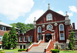 The church at Mount St. Francis Center for Spirituality connects two buildings used for retreats at the Conventual Franciscan-operated center near Floyds Knobs in southern Indiana.  (Photos by Natalie Hoefer)