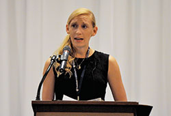 Jennifer Trapuzzano speaks on Aug. 31 about finding forgiveness and joy in times of trial during the Southside Catholic Business Professionals’ ninth annual “Inspirational Insights,” held at the Primo Banquet Hall and Conference Center in Indianapolis. (Photos by Sean Gallagher)