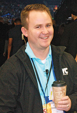 Scott Williams, archdiocesan director of youth ministry, prepares on Nov. 17 to take part in another NCYC session in Lucas Oil Stadium in Indianapolis. (Photo by John Shaughnessy)