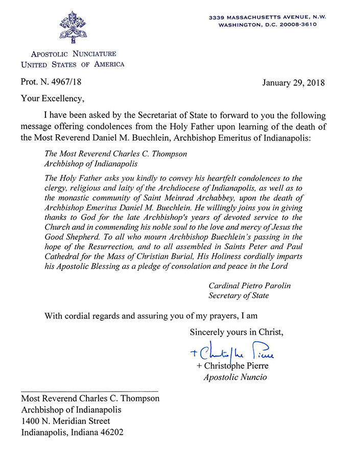 Letter of Condolence from Pope Francis
