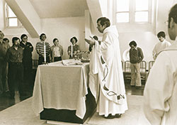 Then-Benedictine Father Daniel Buechlein celebrates Mass at Saint Meinrad Seminary and School of Theology in St. Meinrad in this undated photo. He served as its president-rector from 1971-87 and was previously a member of its faculty and administrative staff. (Photo courtesy of Saint Meinrad Archabbey)