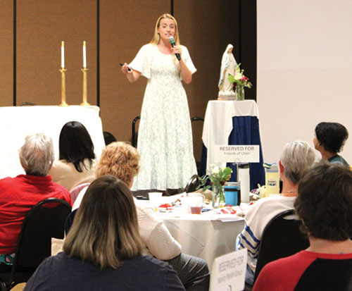 Catholic author and YouTube influencer Emily Wilson gives a talk during the Marian Authentic Women’s Conference at Primo Banquet Hall in Indianapolis on Oct. 25. (Submitted photo by Jennifer Lindberg)