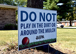 A warning sign is pictured on Sept. 15, posted in the West Calumet Complex, an East Chicago housing addition that is slated to be razed due to long-known concerns by the Environmental Protection Agency that the area's soil contains harmful levels of lead and arsenic. Catholic Charities has helped a number of effected residents with legal and financial assistance as they seek to relocate. (Anthony D. Alonzo photo)