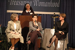 Seated from left, Rosalind Moss, Teresa Tomeo and Marjorie Murphy Campbell take part in a panel discussion, while Servants of the Gospel of Life Sister Diane Carollo moderates. 