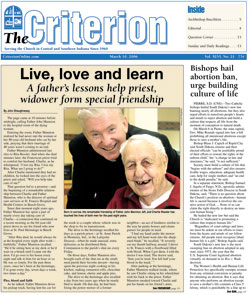 Assistant Editor John Shaughnessy’s story about Father John Mannion and his unique caregiving role and friendship with (now the late) Charlie Ressler won first place in the best personality profile category in the Catholic Press Association’s 2006 awards competition. The archdiocesan newspaper recently won a total of 11 awards from the CPA, Woman’s Press Club of Indiana and the Society for the Propagation of the Faith.
