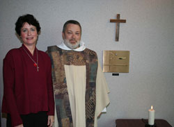 Motivated by their compassion for hospital patients, Jamie Hickman Thompson and Dominican Father Richard Litzau worked together to have a tabernacle added to the chapel at Bloomington Hospital. (Submitted photo) 