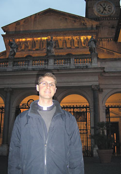 Seminarian Sean Danda stands in front of the Basilica of Santa Maria in Trastevere in Rome on Feb. 21. The basilica is one of the station churches in Rome assigned to each day of Lent. Seminarians from the Pontifical North American College and other English-speakers in Rome celebrate Mass early each morning of Lent at the churches. (Submitted photo) 