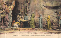 This historic French postcard depicts Jesus being carried into the tomb and is the 14th Station of the Cross at the Shrine of Our Lady of Lourdes in France. Christian faith in the Resurrection has met with incomprehension and opposition from the beginning. Yet it has always been, and remains today, the cornerstone of the Christian faith. (Illustration/historic postcard) 