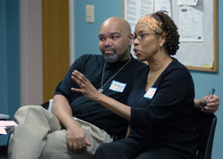 Andrew and Terri Lyke of Chicago discuss relationship tips for strengthening married life during “Black Marriage Day” on April 5 at St. Michael the Archangel Parish in Indianapolis. The marriage program was sponsored by the archdiocesan Office of Family Ministries, archdiocesan Office of Multicultural Ministry and Black Catholic Caucus in the archdiocese. (Photo by Mary Ann Wyand) 