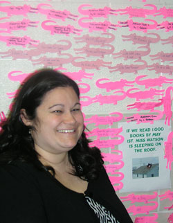 St. Gabriel School principal Sarah Watson of Indianapolis will sleep on the school’s roof and dye her hair purple as a result of the students reaching two reading goals this year. (Photo by John Shaughnessy) 