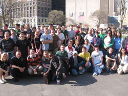 Archdiocesan youth stop for a group photo on the streets of New York during their recent pilgrimage. (Photo by Katie Ciresi) 