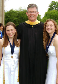 After they delivered their commencement speech together in May at Cathedral High School in Indianapolis, Elizabeth Flood, left, and Tori Schopper posed for a photo with Cathedral principal David Worland. (Submitted photo) 