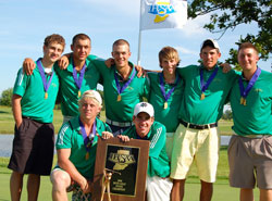Members of the Cathedral High School boys’ state championship golf team are, front row, from left, Mark Welsh and Kevin Bowen, and back row, from left, Tim Bowman, Henry Plager, Ben Smith, Brad Gehl, Jason Seward and Corey Ziedonis. (Submitted photo) 