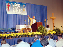 Ken Ogorek, archdiocesan director of catechesis, speaks at the third annual Indiana Catholic Men’s Conference on Sept. 27. (Photo by Mike Fox) 