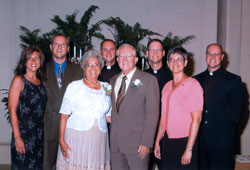 Kay and Paul Etienne, center, pose in 2007 with their children, from left, Angela Kellems, Rick Etienne, Father Bernard Etienne, Father Paul Etienne, Benedictine Sister Mary Nicolette Etienne and Father Zachary Etienne as they celebrate their 50th wedding anniversary. Kay and Paul are members of St. Paul Parish in Tell City. (Submitted photo) 