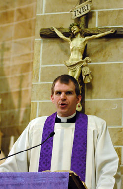 Father Jonathan Meyer preaches during a 40 Hours Devotion on Feb. 20, 2008, at Our Lady of the Most Holy Rosary Church in Indianapolis. He is the keynote speaker for the Catholic Life Network awards dinner on March 7 at the Sheraton Indianapolis City Centre Hotel in downtown Indianapolis. (File photo by Mary Ann Wyand)