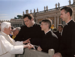 Pope Benedict XVI greets then deacon candidates Sean Danda, center, from St. Malachy Parish in Brownsburg, Nicholas Vaskov, left, of the Diocese of Pittsburgh, and Jesse Burish, right, of the Diocese of LaCrosse, Wis., in St. Peter’s Square in Rome. The seminarians were theology students at the Pontifical North American College in Rome. (Submitted photo / L’Osservatore Romano) 