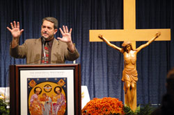 Internationally known speaker and author Scott Hahn of Steubenville, Ohio, discusses the meaning of the petitions in the Lord’s Prayer during the fourth annual Indiana Catholic Men’s Conference on Oct. 17 at the Indiana Convention Center in Indianapolis. (Photo by Mary Ann Wyand)