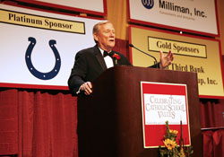 Indianapolis Colts president Bill Polian entertained an audience of 1,000 people during his talk at the 2009 Celebrating Catholic School Values awards dinner on Nov. 10. Polian ended his speech by calling upon Catholics to make the same sacrifices for Catholic schools that previous generations of Catholics made. (Photo by Rich Clark)