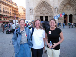 Theresa Latz, left, Jane Latz and Julie Brown pose on May 29, 2009, in front of the Cathedral of Notre Dame de Paris in Paris prior to the start of their three-day pilgrimage on foot to the Cathedral of Notre Dame de Chartres, 75 miles away, a famous medieval pilgrimage site. They are members of Our Lady of the Most Holy Rosary Parish in Indianapolis, and went on the pilgrimage together. (Submitted photo