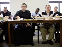 Benedictine Brother Matthew Mattingly, left, and Jacob Niemand, a seminarian from the Diocese of New Ulm, Minn., attend class at Saint Meinrad Seminary and School of Theology. (Submitted photo)