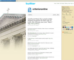 A screenshot of our Twitter page, which can be accessed at twitter.com/criteriononline. Visit our page to get the latest in breaking news, special features and “re-tweets” of interesting links provided by other Catholic news outlets that we follow.