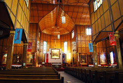The Martyrs Church in Midland, Ontario, Canada, features a rich wood interior that is symbolic of the Indian lodges found in that area. The shrine honors the eight Jesuit saints who brought Christianity to Canada, and lived, worked and died there more than 380 years ago. (Submitted photos by Fr. Louis Manna)
