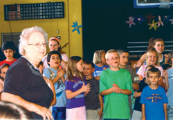 Benedictine Sister Anna Rose Lueken is shown with students at St. Ambrose School in Seymour on the last day of the 2009-10 school year. Sister Anna Rose is retiring on June 30 after 40 years in Catholic education. (Submitted photo)