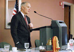 John Kelley speaks during a March 10, 2008, luncheon sponsored by the Serra Club of Indianapolis at the Southside Knights of Columbus Hall in Indianapolis. Kelley, a longtime member of Immaculate Heart of Mary Parish in Indianapolis, oversaw the Serra Club’s annual vocations essay contest for approximately 30 years before he died in 2009. (File photo by Sean Gallagher)