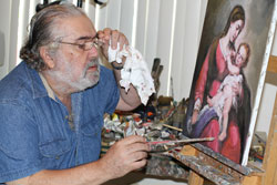 Cuban American artist Vincent Mendez Perez works on a painting of the Blessed Virgin Mary in his studio at his home in Miami. He will display his artwork at The Secret Ingredient stores in Indianapolis and Richmond, respectively, on July 15 and 16. Perez’s oil paintings will be available for purchase at both locations. (Submitted photo)