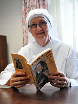 Sister Margaret Knebel, a Little Sister of the Poor and native of Jasper, Ind., enjoys sharing stories about the life and mission of St. Jeanne Jugan. (Photo by Mary Ann Wyand)