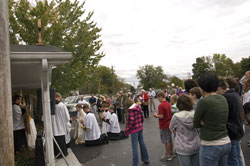 Jennings County Catholics gather in prayer on Oct. 2 outside of Good Shepherd Chapel at St. Mary (Nativity of the Virgin Mary) Parish in North Vernon as the parish’s pastor, Father Jonathan Meyer, prepares to inaugurate perpetual adoration of the Blessed Sacrament in the chapel. Father Meyer is also the pastor of St. Ann Parish and St. Joseph Parish, both in Jennings County. (Submitted photo/Missy Scarlett)