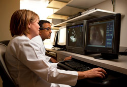 Sara Bodenmiller, left, and Dr. Simon Abraham examine the echocardiogram of a child to determine if the child is a good candidate for the life-saving heart surgery that is provided to poor pediatric patients from around the world by the Children’s Heart Center at Peyton Manning Children’s Hospital at St. Vincent Indianapolis Hospital. (Submitted photo)
