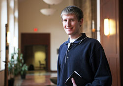 Seminarian Danny Bedel stands outside the St. Thomas Aquinas Chapel at Saint Meinrad Seminary and School of Theology in St. Meinrad on Dec. 9. Bedel, a member of St. John the Evangelist Parish in Enochsburg, is in the first year of his graduate theological studies at Saint Meinrad. (Photo courtesy of Saint Meinrad Archabbey)
