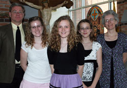 Andy, left, Hannah, Jenny, Sarah and Damaris Zehner pose on May 1 at St. Paul the Apostle Parish in Greencastle. The family was received into the full communion of the Church at that parish’s Easter Vigil on April 23. (Submitted photo)