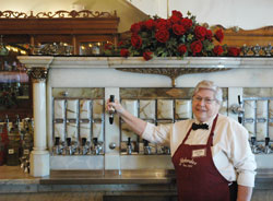 Wilma Hare, a waitress at the Zaharakos Ice Cream Parlor, makes a terrific ice cream soda and shares a touch of history about this Columbus landmark that opened in 1900. (Photos by John Shaughnessy)