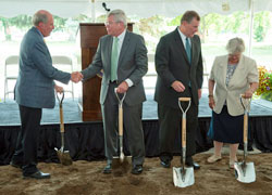 During the Aug. 24 groundbreaking ceremony for Marian University’s medical education building, Michael A. Evans, second from left, shakes hands with U.S. Senator Dan Coats. The building will be named in honor of Evans, who donated $48 million to jumpstart the plan for the university’s medical school, set to open in 2013. Also in the photo are Indianapolis Mayor Greg Ballard and Franciscan Sister Barbara Piller, the congregational minister of the Sisters of St. Francis in Oldenburg, who founded Marian University. (Submitted photo)