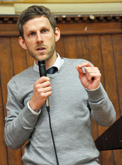 Matt Faley gives a talk to Catholic high school students during the archdiocesan A Promise to Keep: God’s Gift of Human Sexuality peer mentor luncheon on April 23 at the Archbishop O’Meara Catholic Center in Indianapolis. Faley was appointed the archdiocese’s director of young adult and college campus ministry on July 1. (File photo by Mary Ann Garber)