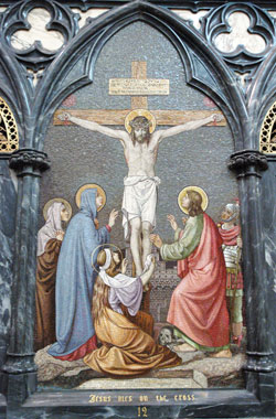 The 12th Station of the Cross depicting Jesus on Calvary is among the ornate religious artwork at St. Mary’s Cathedral Basilica of the Assumption in Covington, Ky. The basilica has 82 stained-glass windows. It was dedicated on Jan. 27, 1901, and the facade was completed in 1910. (File photo by Mary Ann Garber)