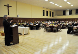 David Milroy, executive director of the archdiocese’s Secretariat for Stewardship and Development and acting chief financial officer, speaks during the annual meeting of the Catholic Community Foundation on Nov. 7 in the renovated Assembly Hall at the Archbishop Edward T. O’Meara Catholic Center in Indianapolis. (Photo by Sean Gallagher)