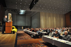 Archbishop Joseph W. Tobin speaks to the approximately 600 men who attended the seventh annual Indiana Catholic Men’s Conference on Oct. 20 at the Indiana Convention Center in Indianapolis. (Photo by Sean Gallagher)