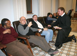 Then-Redemptorist Father Joseph Tobin, right, has fun in Rome with fellow members of his order on Nov. 9, 2007, the 277th anniversary of the founding of the Redemptorists. The other Redemptorists are, from left, Father Vimal Tirimanna, a native of Sri Lanka; Father Felix Catala, a native of Puerto Rico; and Father Gary Ziuraitis, an American. (Submitted photo)